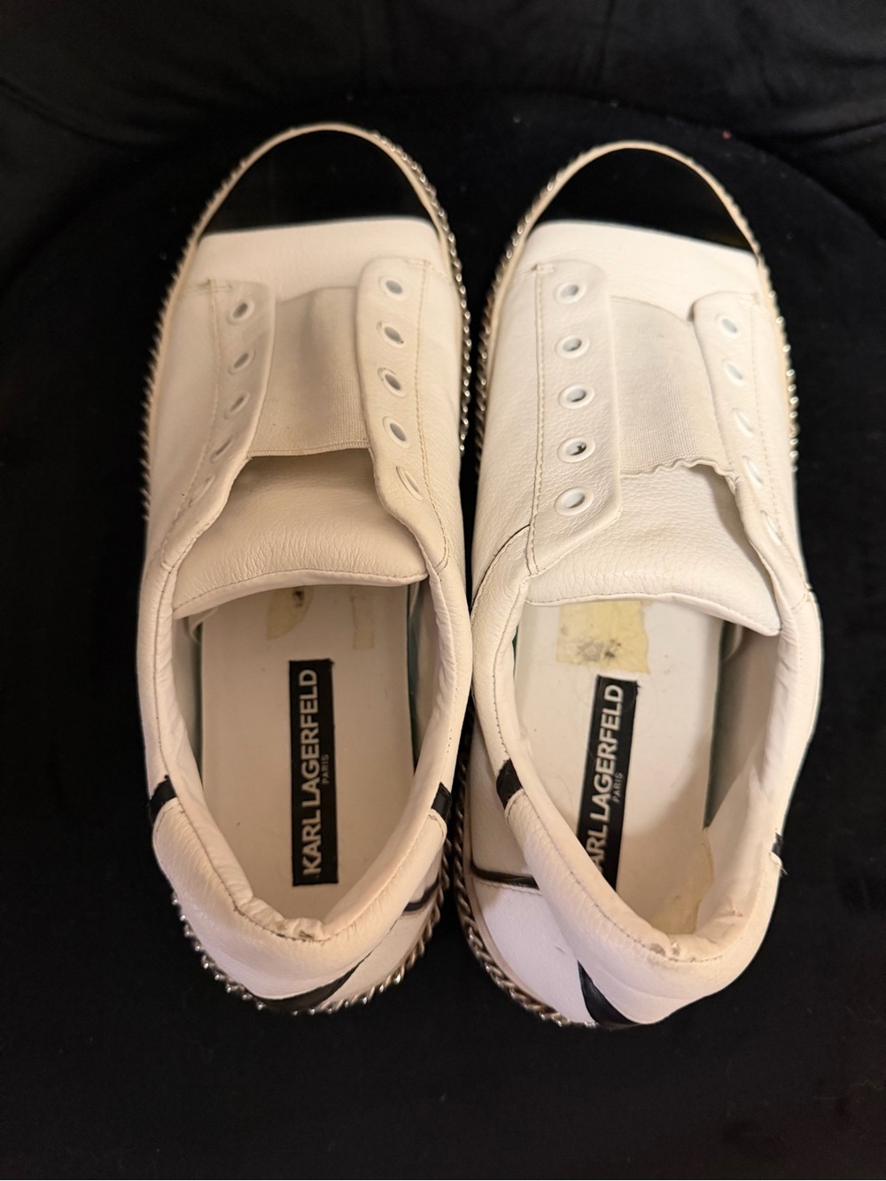 Karl Lagerfeld White Leather Sneakers with Black Heel Trim and Silver Studs
